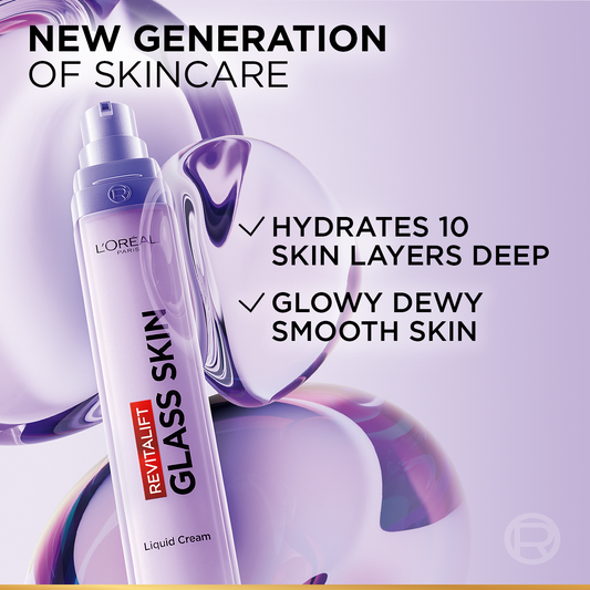 L’Oréal Paris Revitalift Glass Skin Liquid Cream: 1 drop for 100H Glowing Hydration. With Hyaluronic Acid & Vitamins B3+B5+C for Dewy, Plumped Glass Skin, 50ml.