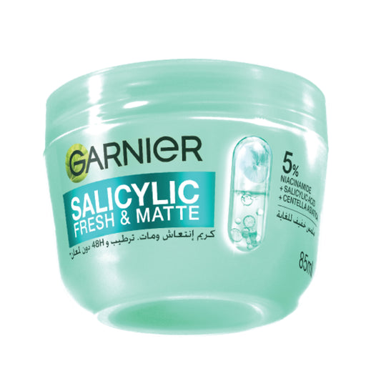 Garnier Salicylic Fresh & Matte Cream - Hydration, 48H Oil Free - 5% [Niacinamide + Salicylic Acid + Centella Asiatica] - Cruelty Free International & Vegan - 85ml
