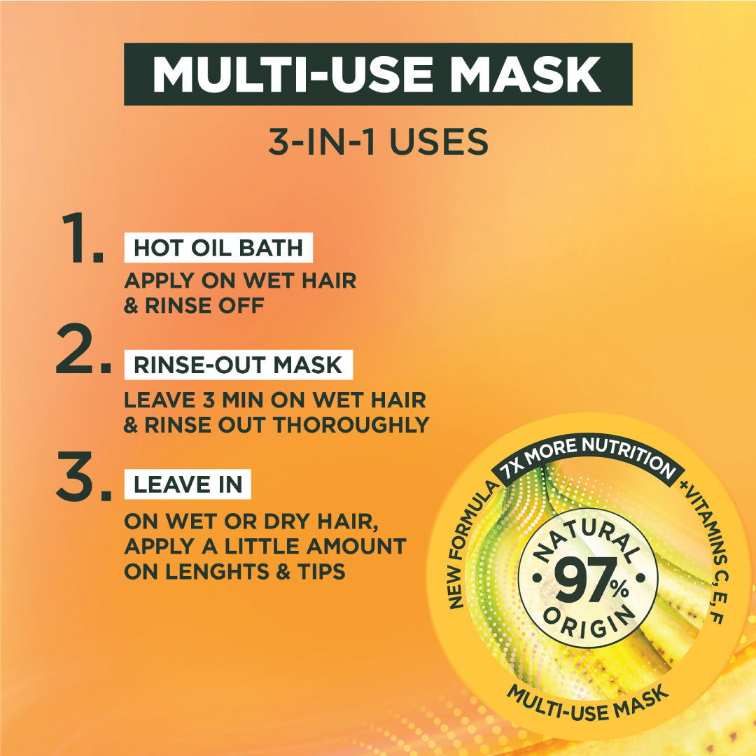 Garnier Ultra Doux Banana Vegan Hair Food 3in1 Mask for dry hair, Boosted with Vitamins C, E & F