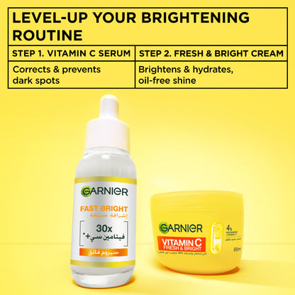 Garnier Vitamin C Fresh & Bright Cream. Hydration, 48H Oil Free Hydration - 4% [Vitamin C* + Niacinamide] - Cruelty Free International & Vegan - 85ml