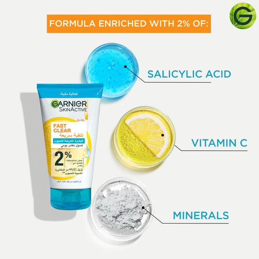Garnier Fast Clear [2%] Salicylic Acid & Vitamin C - 3-in-1 Anti-Acne Exfoliating Wash (150mL)