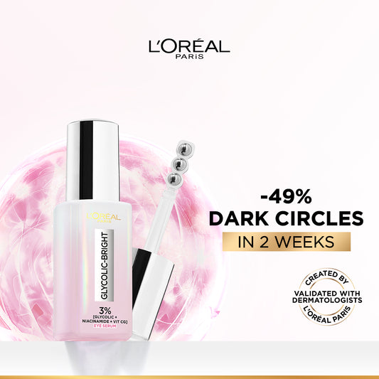 L'Oréal Paris, Glycolic Bright Eye Serum, with 3% (Glycolic Acid  + Vitamin CG + Niacinamide], for Dark Circles and Under Eyes Brightening, 20ml