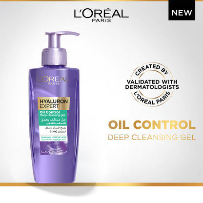 L’Oréal Paris, Hyaluron Expert Oil Control Deep Cleansing and Hydrating Gel, With Hyaluronic Acid and Salicylic Acid, for Combination to Oily Skin - 200ml