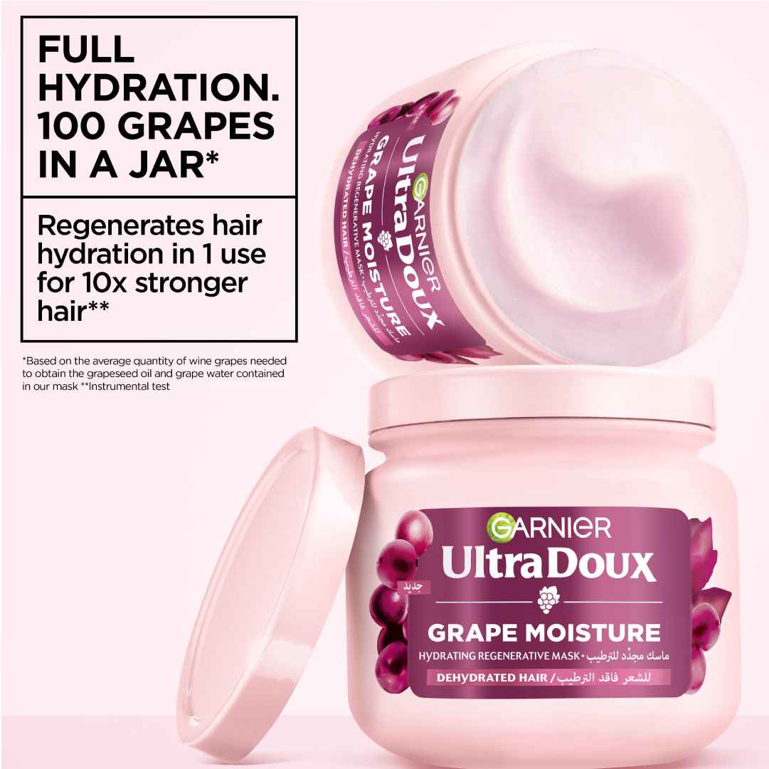 Garnier Ultra Doux Grape Moisture - Deep Regenerative Mask for Dehydrated Hair. Hydrating Grape Water + Antioxidant Grapeseed Oil -- Paraben-Free, Vegan, Cruelty-Free - 340ml