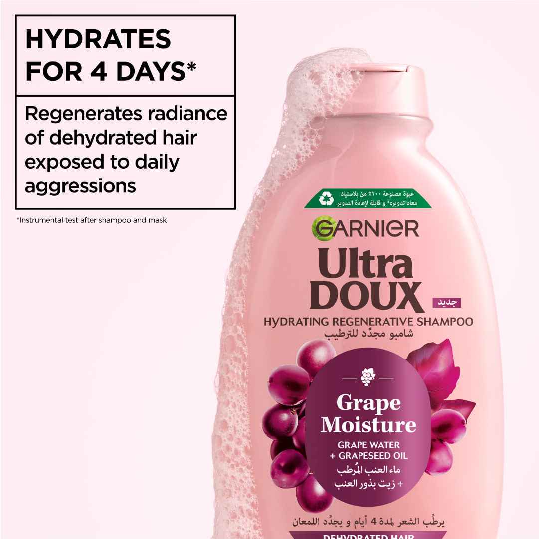 Garnier Ultra Doux Grape Moisture - Hydrating Regenerative Shampoo for Dehydrated Hair. Hydrating Grape Water + Antioxidant Grapeseed Oil - Paraben-Free, Vegan, Cruelty-Free - 400ml
