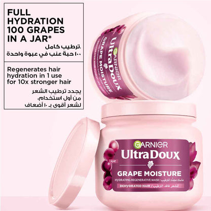 Garnier Ultra Doux Grape Moisture - Deep Regenerative Mask for Dehydrated Hair. Hydrating Grape Water + Antioxidant Grapeseed Oil -- Paraben-Free, Vegan, Cruelty-Free - 340ml