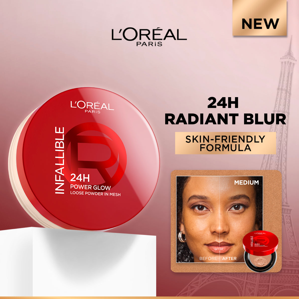 L’Oréal Paris Infaillible 24H Power Glow Loose Powder in Mesh, Pore Blurring, Radiant Glow, and Hydrating Formula with 2 Shades, 9.5g.