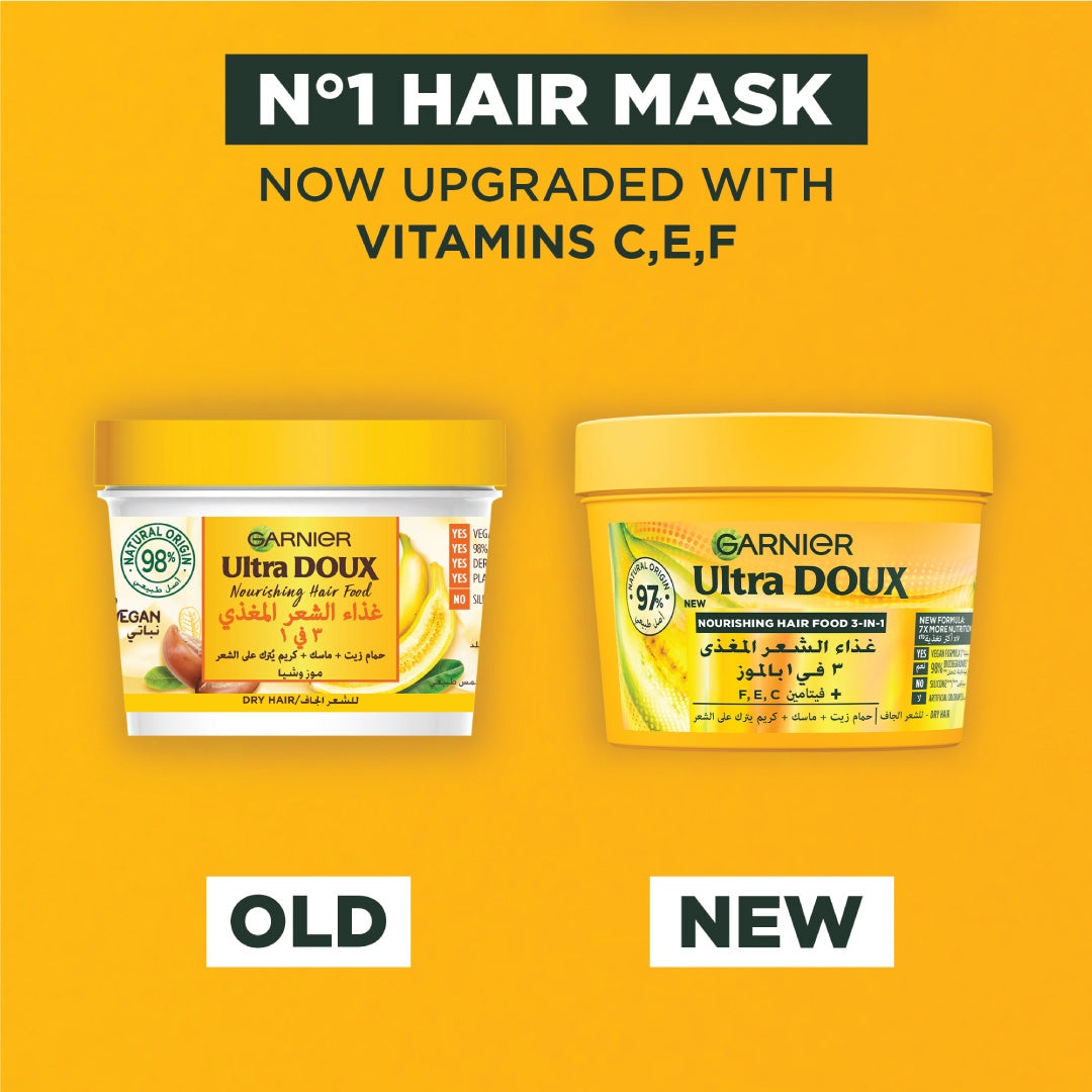 Garnier Ultra Doux Banana Vegan Hair Food 3in1 Mask for dry hair, Boosted with Vitamins C, E & F