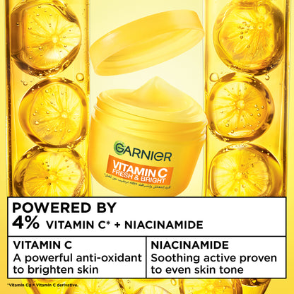 Garnier Vitamin C Fresh & Bright Cream. Hydration, 48H Oil Free Hydration - 4% [Vitamin C* + Niacinamide] - Cruelty Free International & Vegan - 85ml