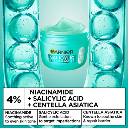 Garnier Salicylic Fresh & Matte Cream - Hydration, 48H Oil Free - 5% [Niacinamide + Salicylic Acid + Centella Asiatica] - Cruelty Free International & Vegan - 85ml