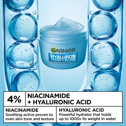 Garnier Hyaluron Fresh & Plump Cream - Hydration, 48H Oil Free - 4% [Hyaluronic Acid + Niacinamide] - Cruelty Free International & Vegan - 85ml