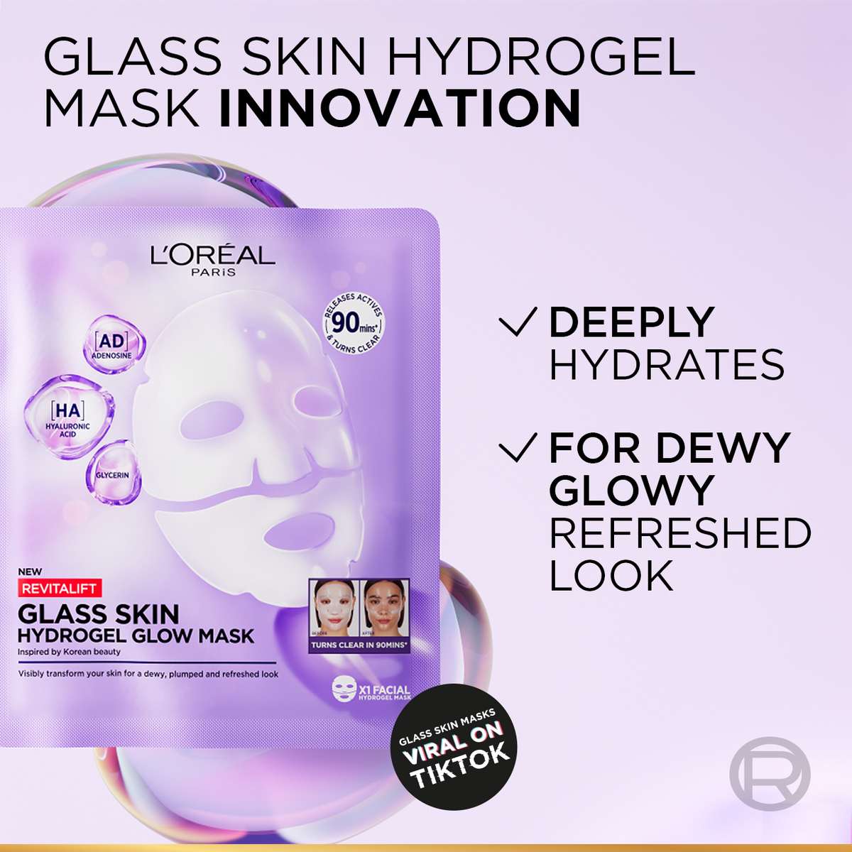 L’Oréal Paris Revitalift Glass Skin Hydrogel Glow Mask, Transform Your Skin For A Dewy, Plumped, Glass Skin In Only 90 Minutes, 1pc.