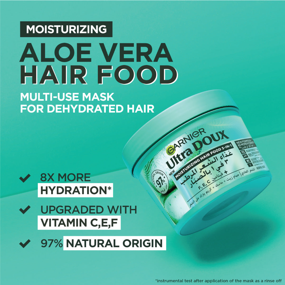 Garnier Ultra Doux Aloe Vera Vegan Hair Food 3in1 Mask for dehydrated hair, Boosted with Vitamins C, E & F