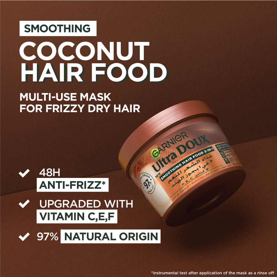 Garnier Ultra Doux Coconut Hair Food 3in1 Mask for frizzy hair, Boosted with Vitamins C, E & F
