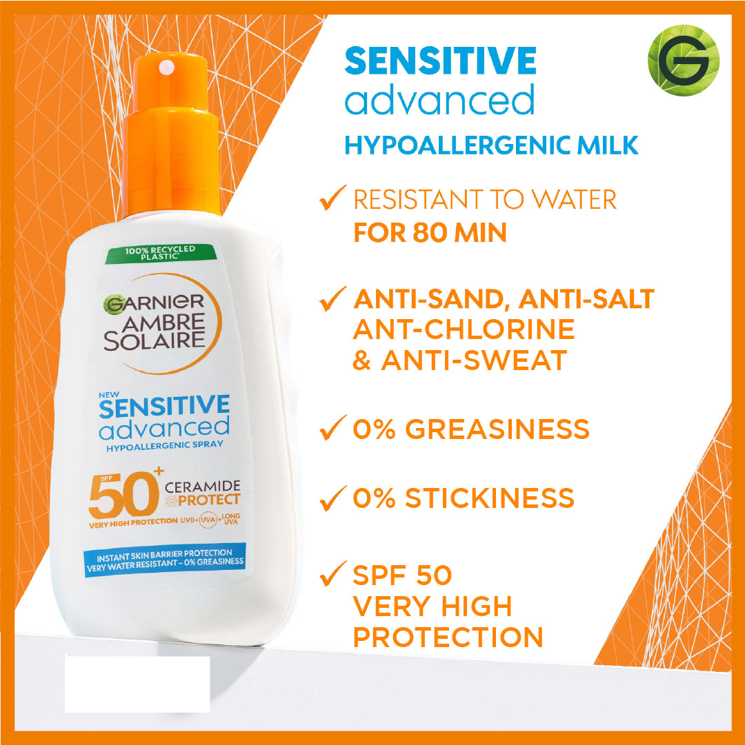 Garnier Ambre Solaire Sensitive Advanced SPF 50+ Ceramide Protect Sunscreen Spray For Adults (150mL)