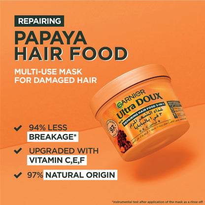 Garnier Ultra Doux Papaya Vegan Hair Food 3in1 Mask for damaged hair, Boosted with Vitamins C, E & F