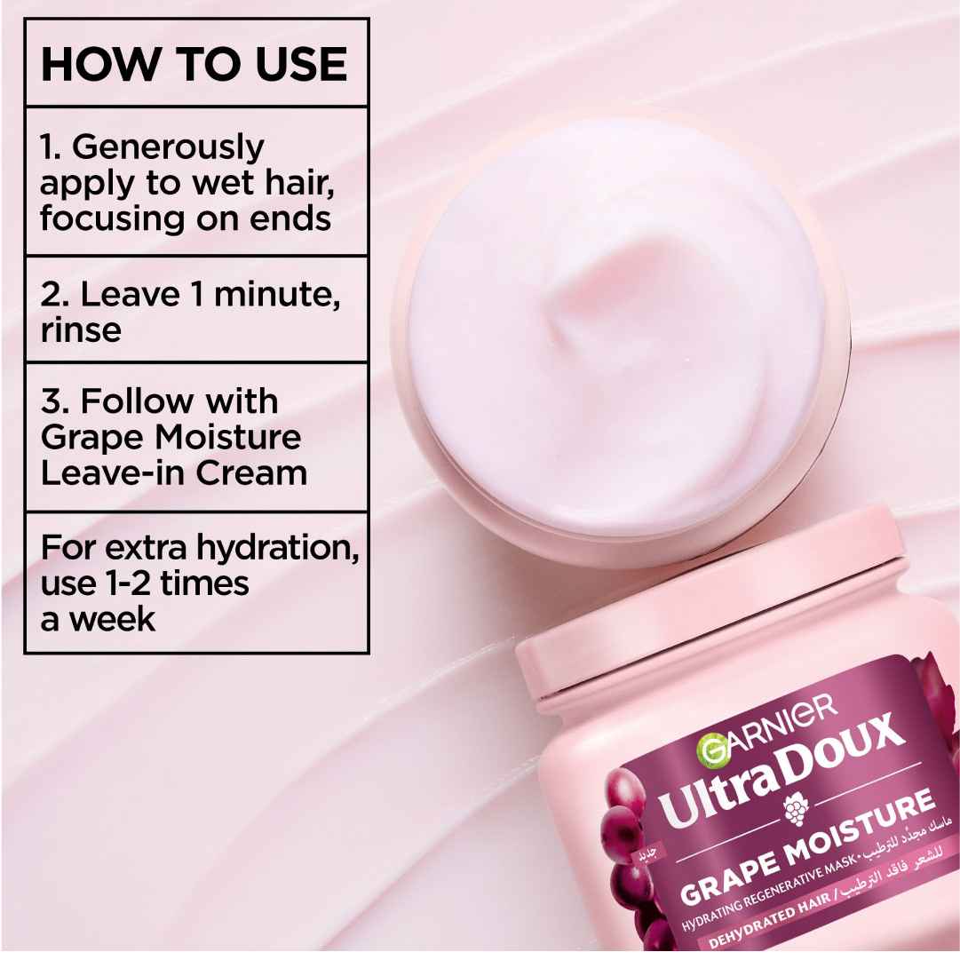 Garnier Ultra Doux Grape Moisture - Deep Regenerative Mask for Dehydrated Hair. Hydrating Grape Water + Antioxidant Grapeseed Oil -- Paraben-Free, Vegan, Cruelty-Free - 340ml
