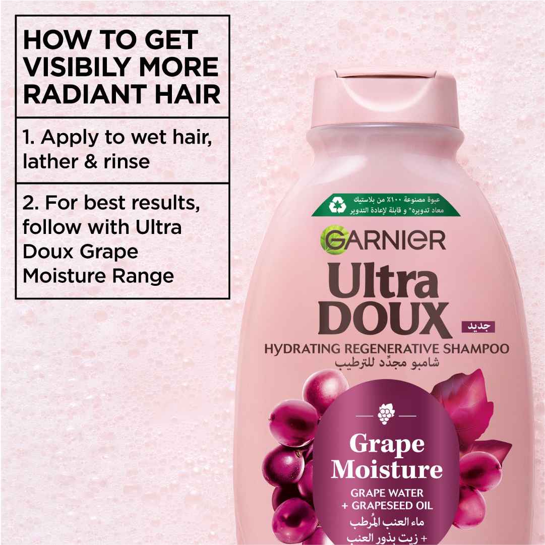 Garnier Ultra Doux Grape Moisture - Hydrating Regenerative Shampoo for Dehydrated Hair. Hydrating Grape Water + Antioxidant Grapeseed Oil - Paraben-Free, Vegan, Cruelty-Free - 400ml