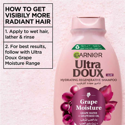 Garnier Ultra Doux Grape Moisture - Hydrating Regenerative Shampoo for Dehydrated Hair. Hydrating Grape Water + Antioxidant Grapeseed Oil - Paraben-Free, Vegan, Cruelty-Free - 400ml