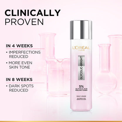 L’Oréal Paris, Glycolic-Bright Glowing Peeling Toner, with 5% Glycolic Acid, for Brightening, Dark Spots Reduction and Skin Tone Evening, 128ml