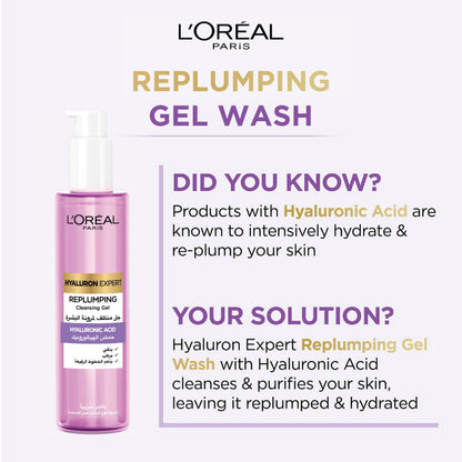 L’Oréal Paris, Hyaluron Expert Replumping Cleansing Gel, with Hyaluronic Acid, to Replump, Purify and Hydrate, for All Skin Types Including Sensitive, 150ml