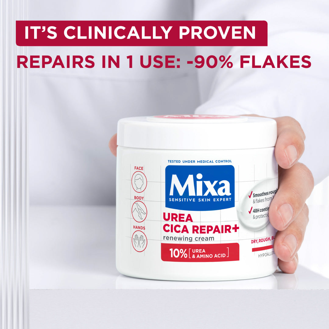 Mixa Urea Cica Repair Moisturizing Cream Jar - For Keratosis Pilaris, Dry, Flaky, Strawberry, Rough, & Fragile Skin & Tiny Reddish Bumps - With 10% Urea and Niacinamide - For Face, Hands & Body - 400 ml