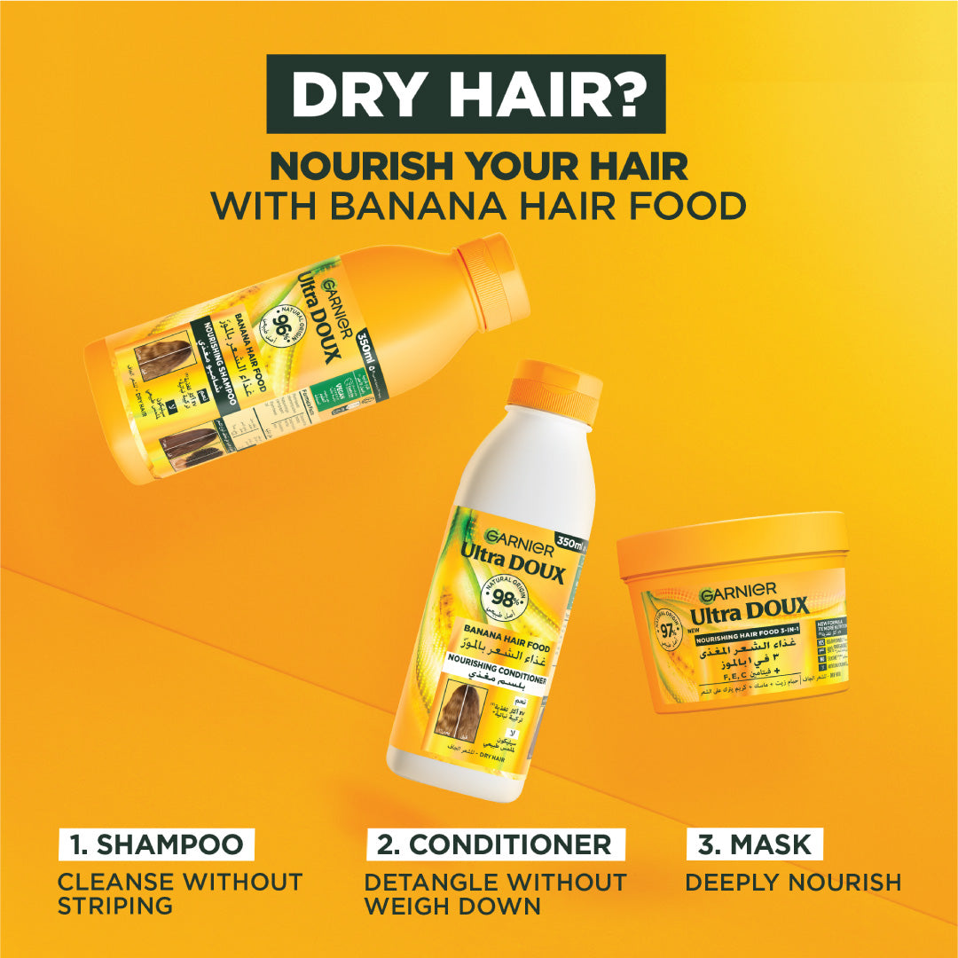 Garnier Ultra Doux Banana Vegan Hair Food 3in1 Mask for dry hair, Boosted with Vitamins C, E & F