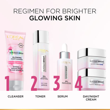 L’Oréal Paris, Glycolic-Bright Daily Glowing Foam Cleanser, with Glycolic Acid and Niacinamide, to Exfoliate and Remove Dullness for Even Glowing Skin, 100ml