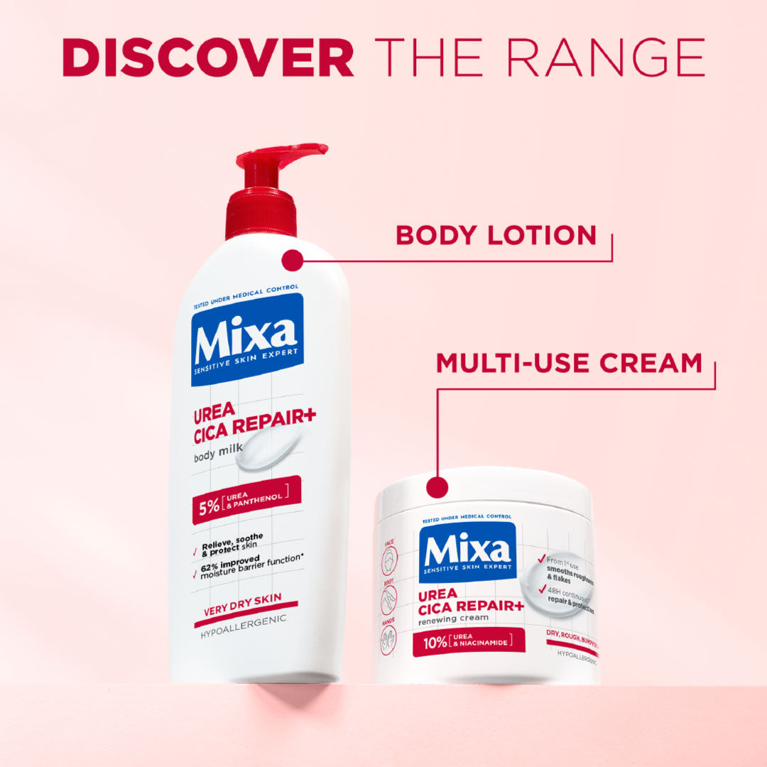 Mixa Urea Cica Repair Moisturizing Cream Jar - For Keratosis Pilaris, Dry, Flaky, Strawberry, Rough, & Fragile Skin & Tiny Reddish Bumps - With 10% Urea and Niacinamide - For Face, Hands & Body - 400 ml