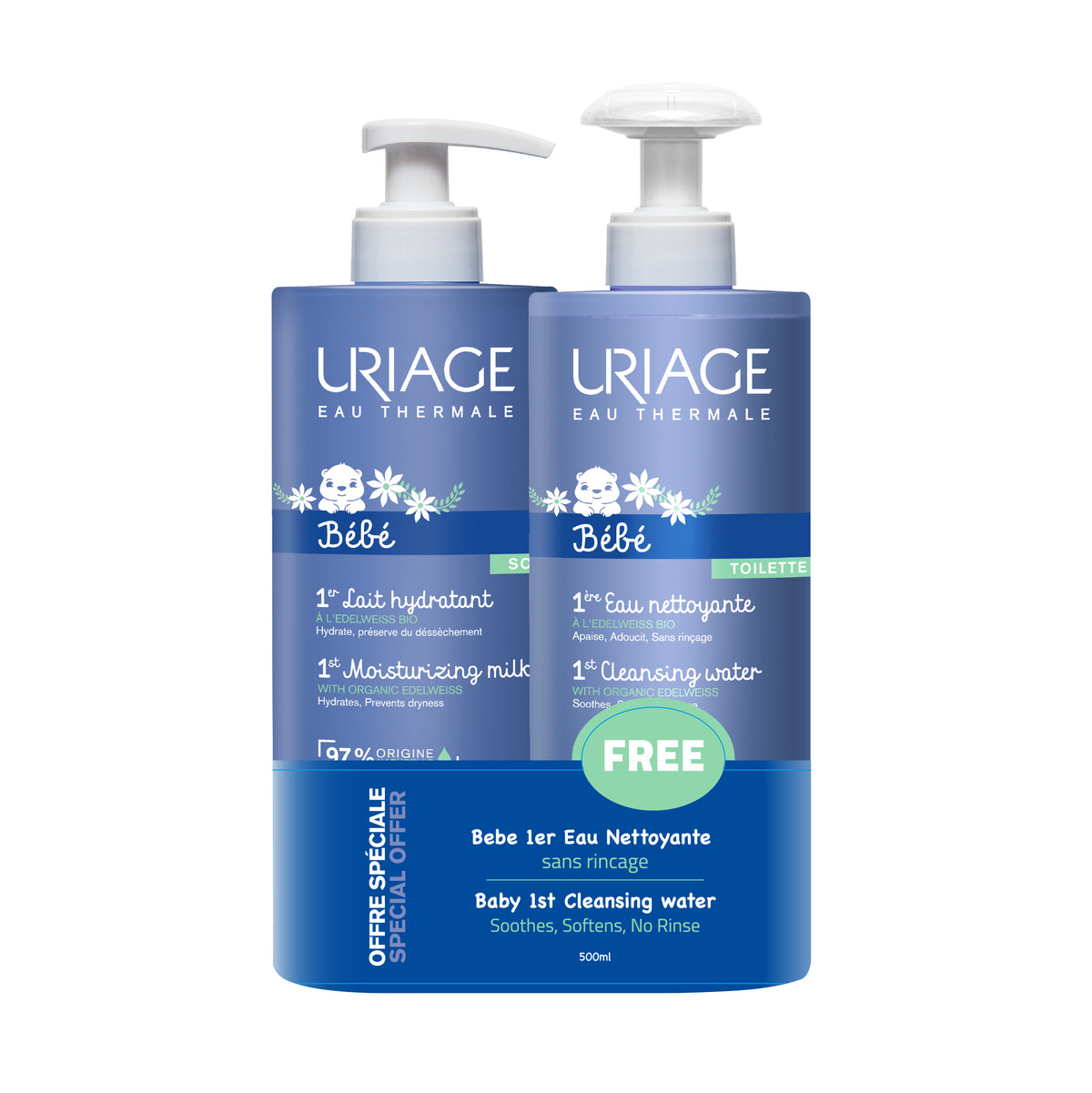 BUY 1 GET 1 - URIAGE Bebe 1Er Lait Hydratant 500ml + FREE Eau Nettoyante 500ml