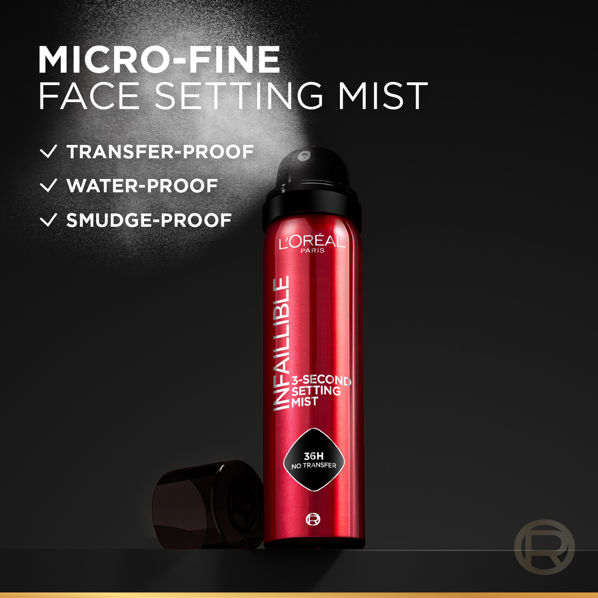 L’Oréal Paris Infaillible 3-Second setting mist spray, 36h of long wear, no transfer, no marks, no stickiness