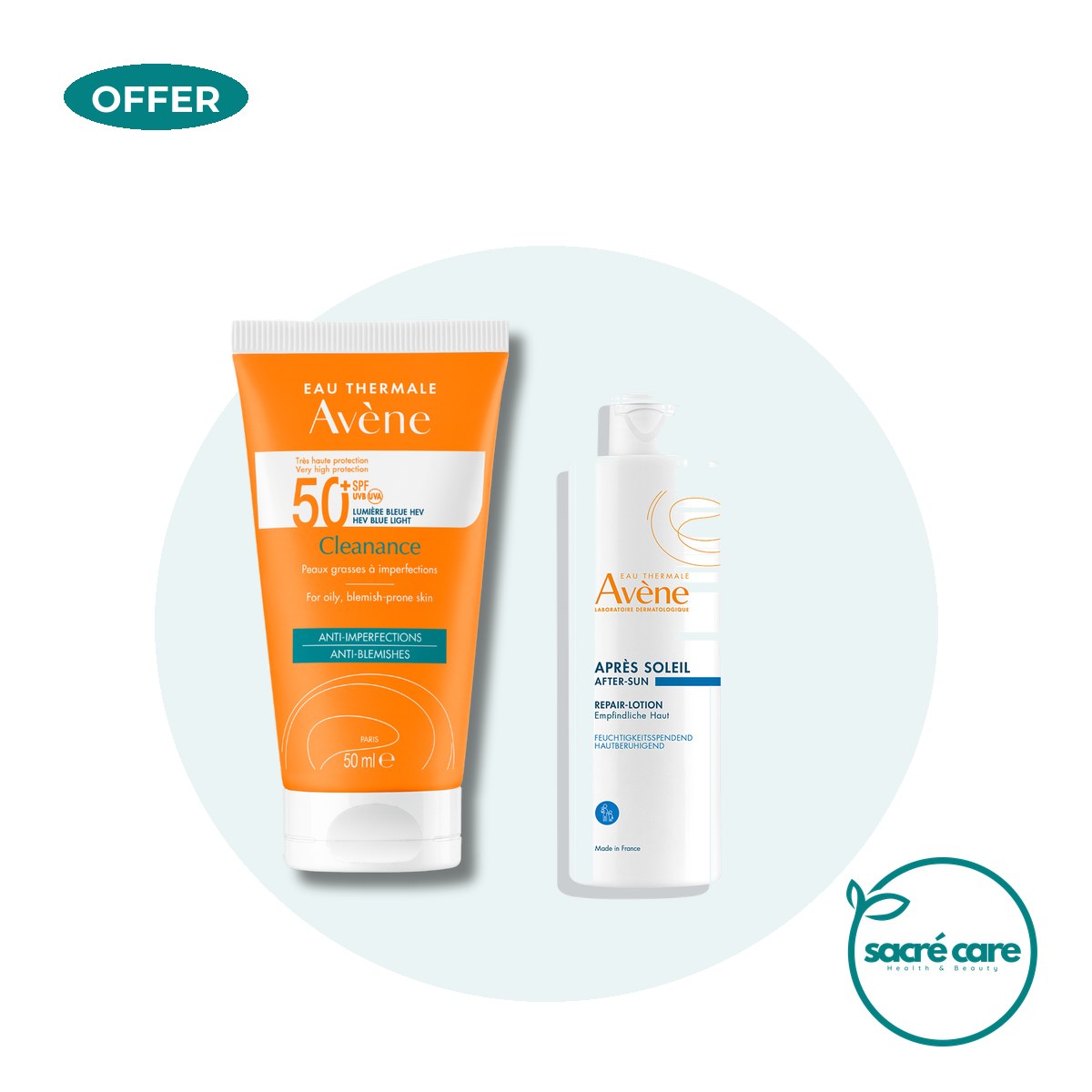 Avène Cleanance Sunscreen SPF 50+ Get Avène After Sun Repair Lotion travel size 50ml | Light Weight & Invisible Oily Skin Sunscreen and After Sun Lotion – 1