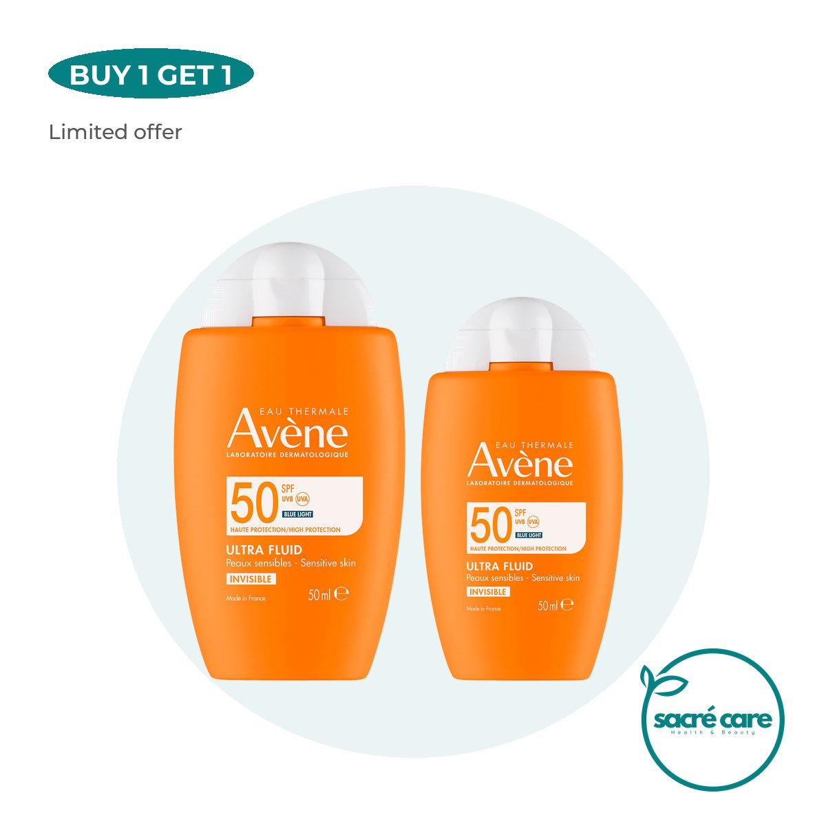 Buy 1 Get 1: Avène Ultra Fluid Invisible SPF50+ Sunscreen 50ml - Ultra Light texture – 1